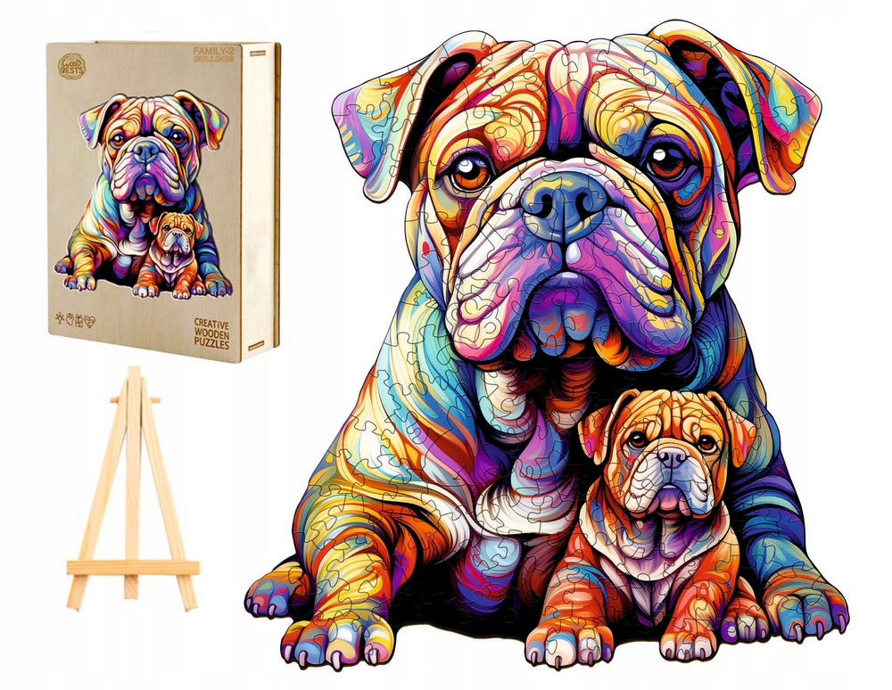 Pasjo24 puzzle drevené puzzle 240 dielikov VEĽKÉ DREVENÉ PUZZLE 300 KUSOV ANGLICKÝ BULLDOG V DREVENEJ KRABIČKE drevené puzzle K520
